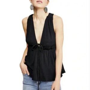 Free People Black Beach Bound Plunging V Neckline Sleeveless Tank Top Size XS